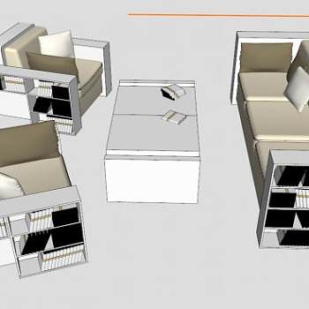 真皮米白色沙发书柜阅读沙发SU模型下载_sketchup草图大师SKP模型