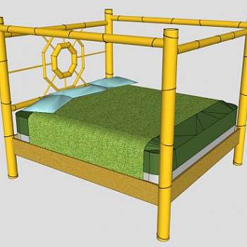 四柱双人床架子竹床SU模型下载_sketchup草图大师SKP模型