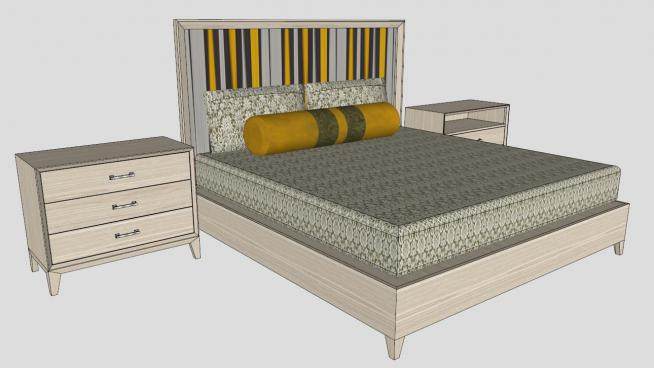卧室家具板式双人床SU模型下载_sketchup草图大师SKP模型