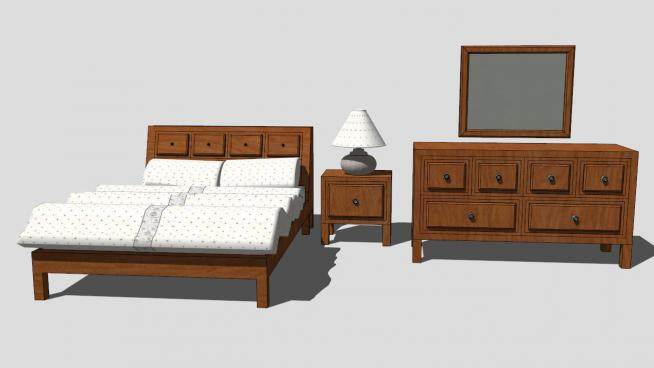 卧室套房家具实木双人床SU模型下载_sketchup草图大师SKP模型