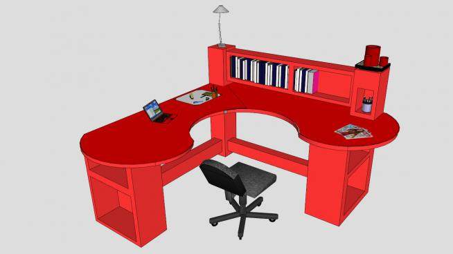 现代红色板式办公桌椅SU模型下载_sketchup草图大师SKP模型