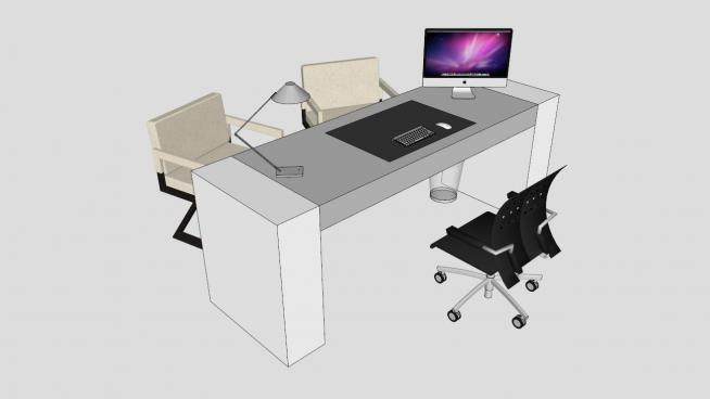 现代白色板式办公桌椅SU模型下载_sketchup草图大师SKP模型