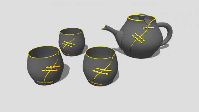 中国瓷茶壶茶杯茶具SU模型下载_sketchup草图大师SKP模型