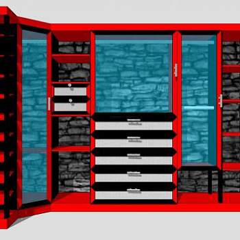 转角开放式红板衣柜SU模型下载_sketchup草图大师SKP模型