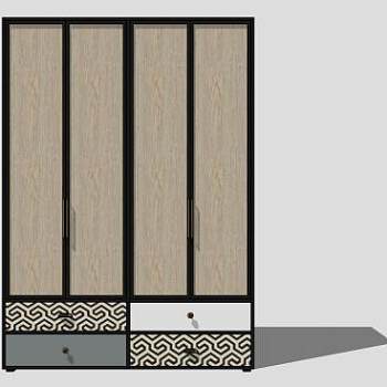 简易卧室四门衣柜SU模型下载_sketchup草图大师SKP模型