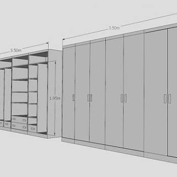 一字白色敞开衣柜SU模型下载_sketchup草图大师SKP模型