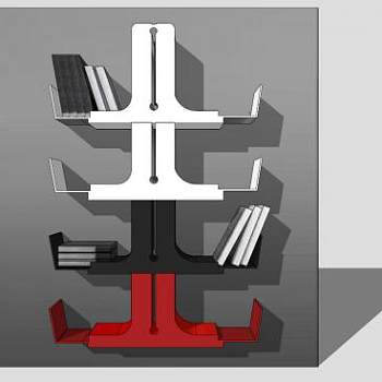 现代白黑红倚墙式书架SU模型下载_sketchup草图大师SKP模型