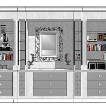 现代白色装置书柜SU模型下载_sketchup草图大师SKP模型
