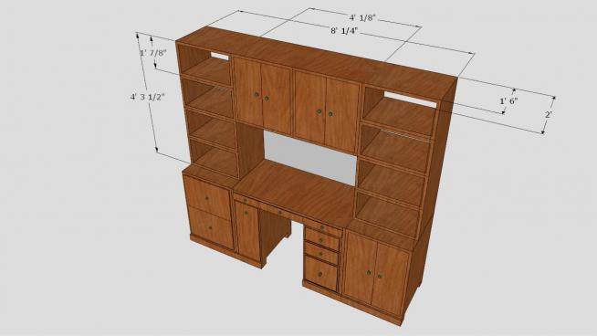 实木内置桌子和书柜SU模型下载_sketchup草图大师SKP模型