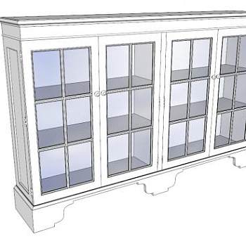 现代白色玻璃四门书柜SU模型下载_sketchup草图大师SKP模型