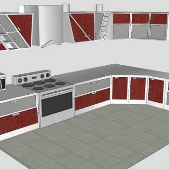 现代红棕色厨房SU模型下载_sketchup草图大师SKP模型