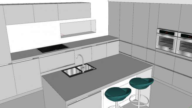 岛型白色厨房布局SU模型下载_sketchup草图大师SKP模型