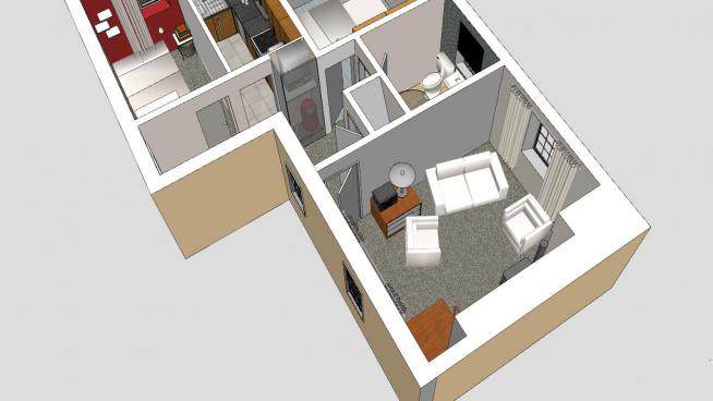 小型二居室公寓装修SU模型下载_sketchup草图大师SKP模型