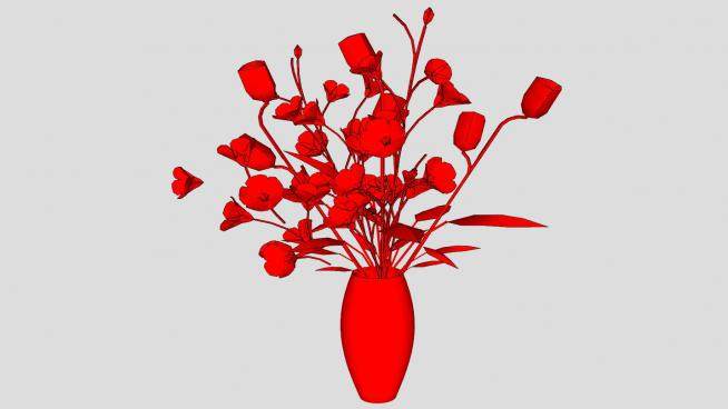红色花瓶花卉SU模型下载_sketchup草图大师SKP模型