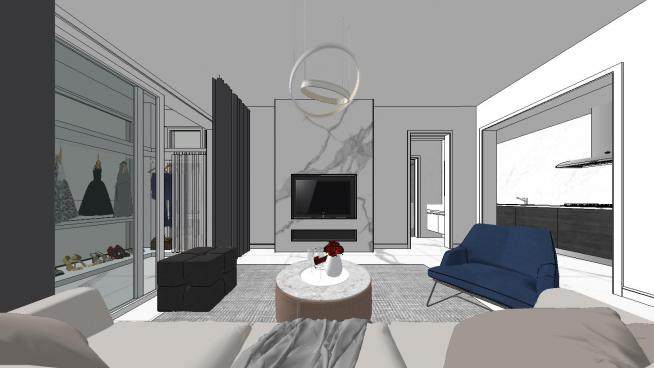 现代简约单身公寓客厅卧室SU模型下载_sketchup草图大师SKP模型