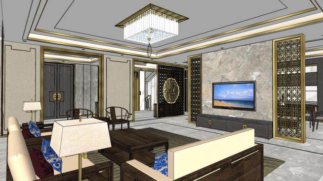 新中式复式别墅一层客厅餐厅SU模型下载_sketchup草图大师SKP模型