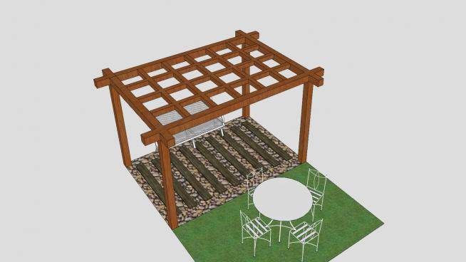 庭院木棚下的休闲茶几座椅SU模型下载_sketchup草图大师SKP模型