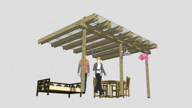中式木棚花架下的长椅和餐桌SU模型下载_sketchup草图大师SKP模型