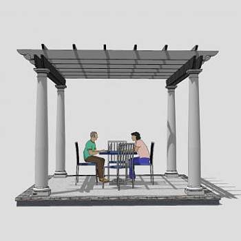 社区凉棚花架下的桌椅SU模型下载_sketchup草图大师SKP模型