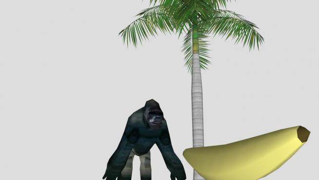 椰子树下的大猩猩和香蕉SU模型下载_sketchup草图大师SKP模型