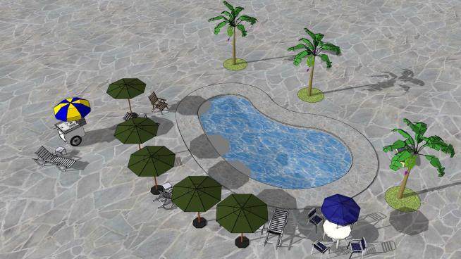 泳池休闲区旁的芭蕉树SU模型下载_sketchup草图大师SKP模型