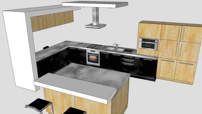 现代橡木橱柜家居开放厨房SU模型下载_sketchup草图大师SKP模型