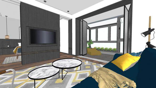现代风格单身公寓客厅装修SU模型下载_sketchup草图大师SKP模型
