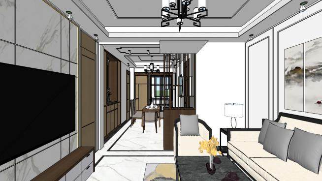 新中式客餐厅室内复古装修SU模型下载_sketchup草图大师SKP模型