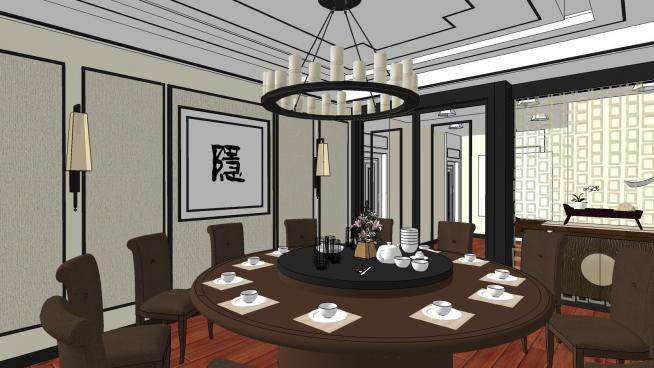 中式酒店餐厅装修SU模型下载_sketchup草图大师SKP模型
