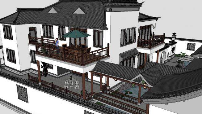 中式独栋别墅景观建筑SU模型下载_sketchup草图大师SKP模型