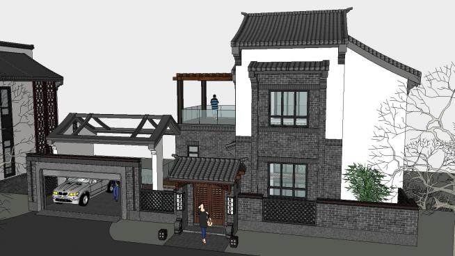 中式风格建筑独栋别墅SU模型下载_sketchup草图大师SKP模型