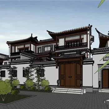 新中式绿城桃花源独栋别墅建筑SU模型下载_sketchup草图大师SKP模型