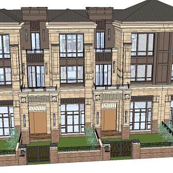 法式四建筑联排别墅SU模型下载_sketchup草图大师SKP模型
