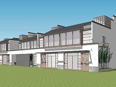 新中式户外建筑联排别墅SU模型下载_sketchup草图大师SKP模型