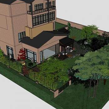 中式别墅庭院户外建筑SU模型下载_sketchup草图大师SKP模型