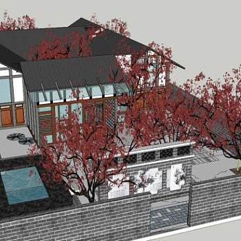 川式仿古庭院建筑SU模型下载_sketchup草图大师SKP模型