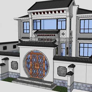 中式别墅庭院建筑户外SU模型下载_sketchup草图大师SKP模型