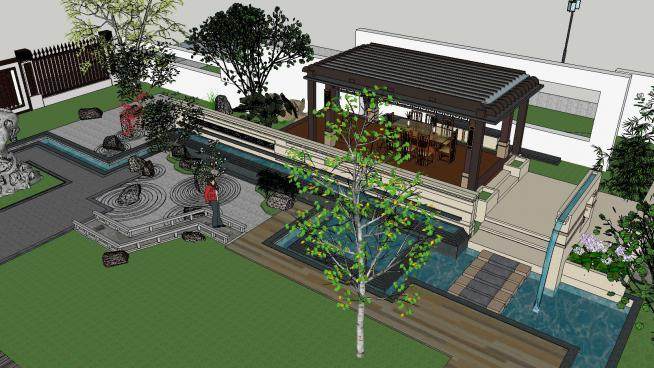 新中式别墅花园景观SU模型下载_sketchup草图大师SKP模型