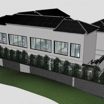 中式度假别墅四合院SU模型下载_sketchup草图大师SKP模型