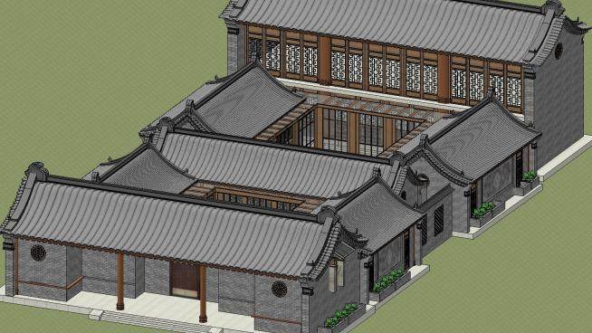 中式复古建筑四合院SU模型下载_sketchup草图大师SKP模型