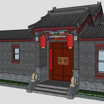 中式四合院建筑户外SU模型下载_sketchup草图大师SKP模型