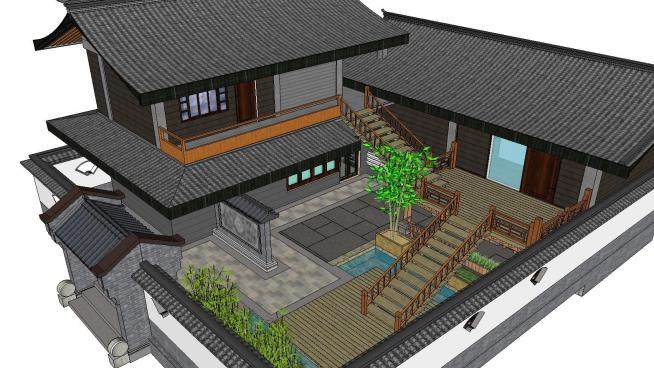 新中式建筑外观家居空间SU模型下载_sketchup草图大师SKP模型