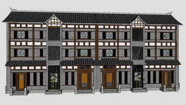 中式风格独栋别墅建筑SU模型下载_sketchup草图大师SKP模型