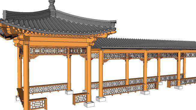 中式长廊古建筑亭子SU模型下载_sketchup草图大师SKP模型