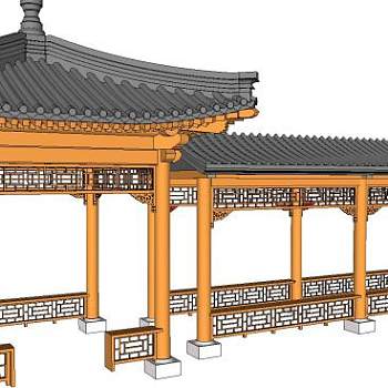 中式长廊古建筑亭子SU模型下载_sketchup草图大师SKP模型