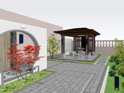 中式风格室外庭院景观SU模型下载_sketchup草图大师SKP模型