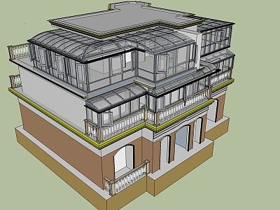 欧式修边护栏复古砖小区别墅SU模型下载_sketchup草图大师SKP模型