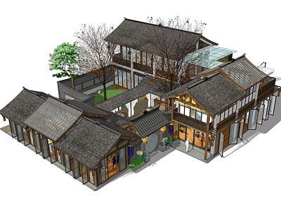 川西合院商业街建筑SU模型下载_sketchup草图大师SKP模型