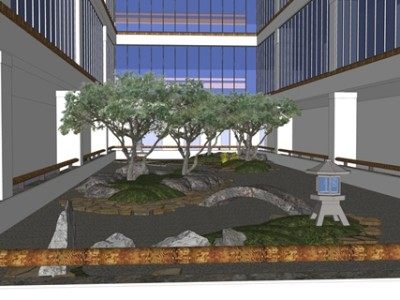 日式办公楼庭院景观SU模型下载_sketchup草图大师SKP模型