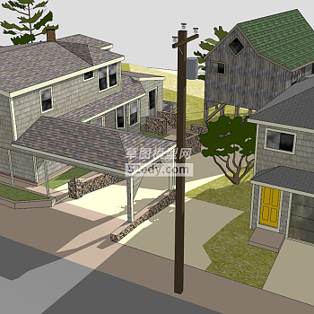 三栋海滨别墅SU模型下载_sketchup草图大师SKP模型